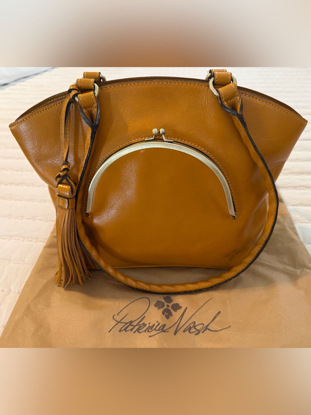 Patricia Nash Zorita Cognac Leather Kiss-Lock Tote